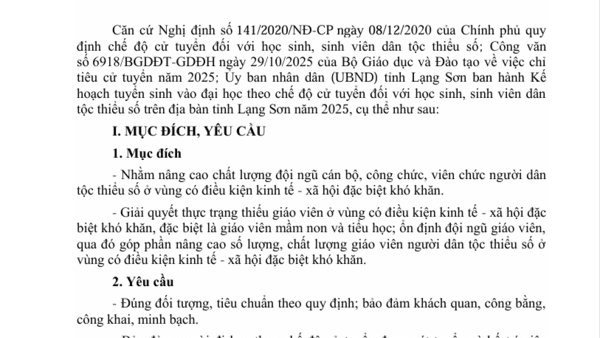 KẾ HOẠCH Tuyển sinh vào đại học theo chế độ cử tuyển đối với học sinh, sinh viên dân tộc thiểu số trên địa bàn tỉnh Lạng Sơn năm 2025