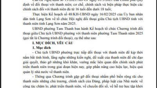 KẾ HOẠCH TỔ CHỨC CHƯƠNG TRÌNH ĐỐI THOẠI GIỮA CHỦ TỊCH UBND PHƯỜNG TAM THANH VỚI THANH NIÊN PHƯỜNG TAM THANH NĂM 2025