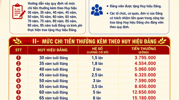 MỨC CHI TIỀN THƯỞNG KÈM THEO HUY HIỆU ĐẢNG